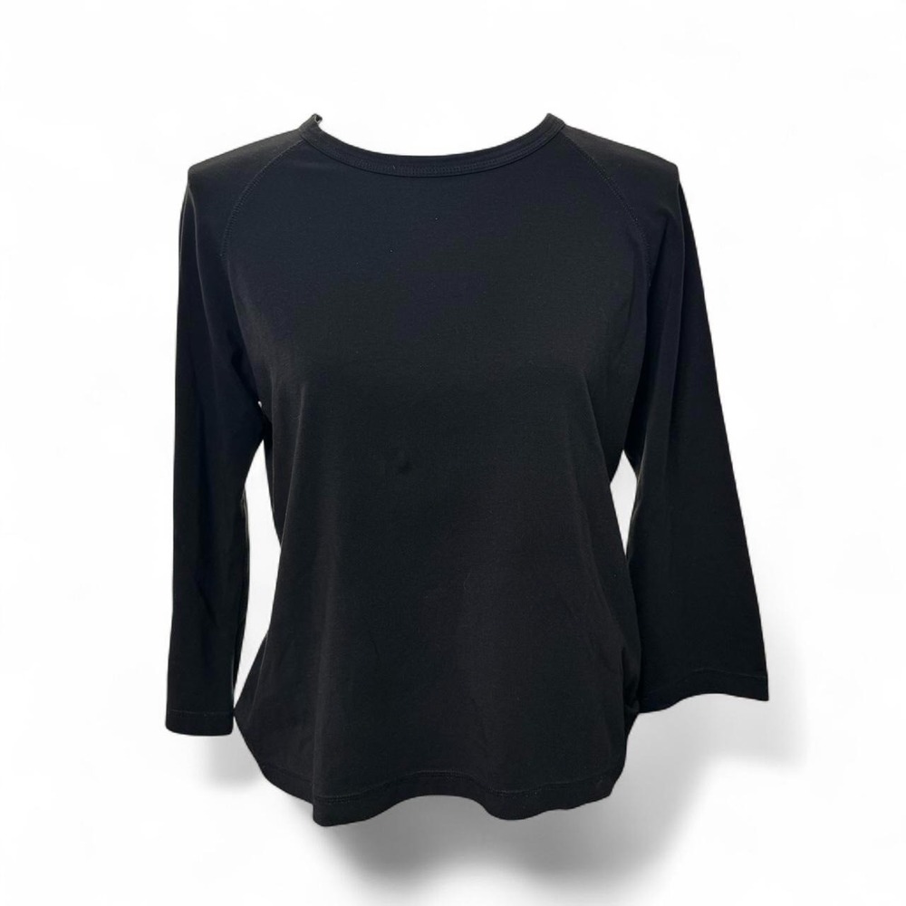 Women's Petite L Black Pima Cotton 3/4 Sleeve Top Stretch Basic Minimalist Comfy